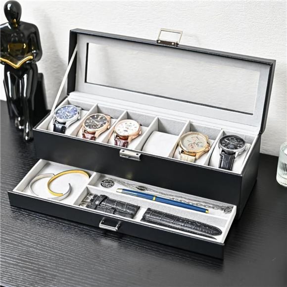 6 Slot Watch Case with Drawer, Watch Box Double-layer Jewelry and Watch, Black - Picture 5 of 6